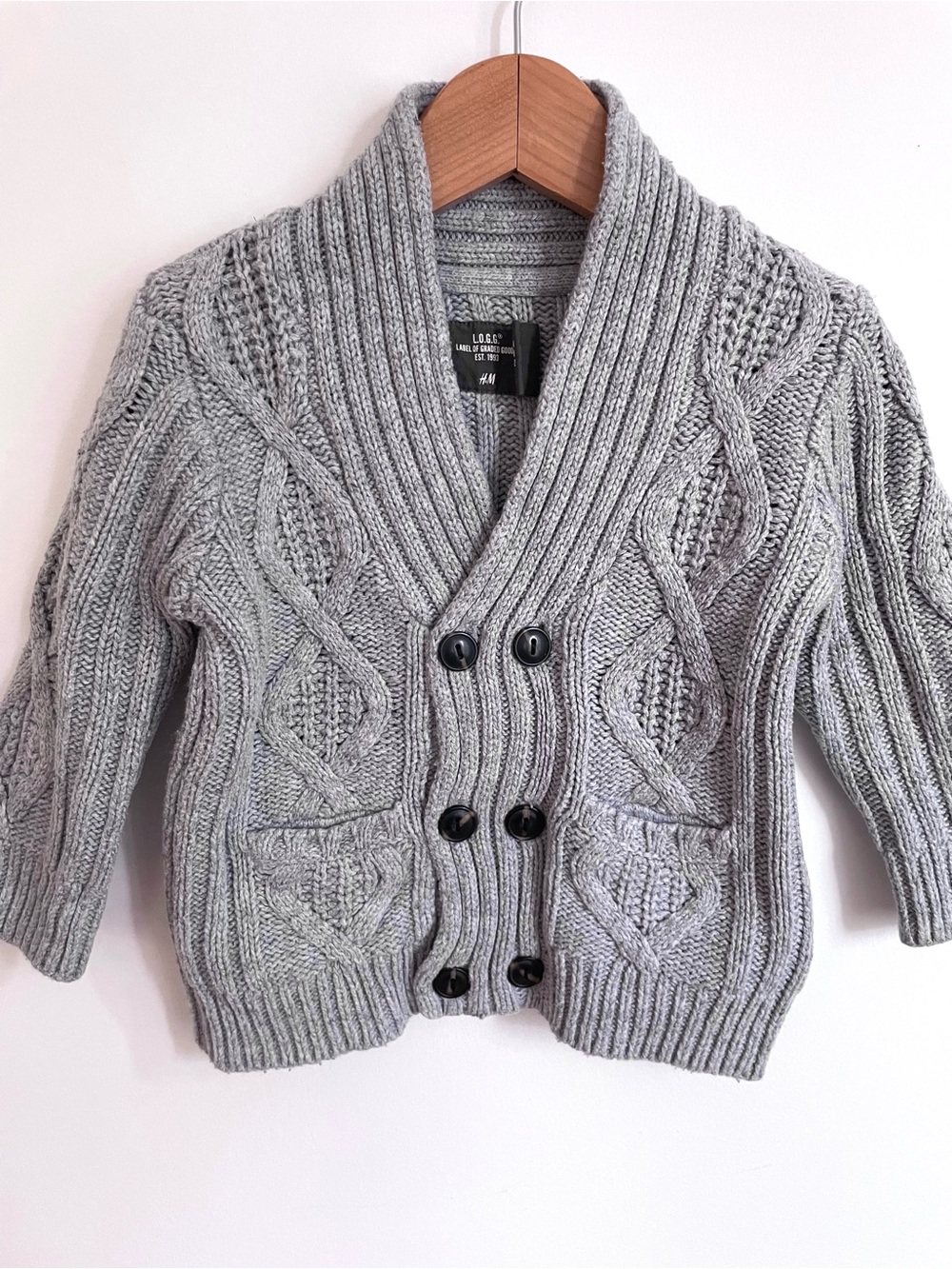 Wool Blend Cable Knit Cardigan Grandpa Sweater, Double Breasted Buttons, Pockets